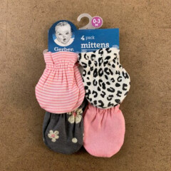 Gerber Baby Size 0-3 Months Pink Printed Mittens 4 Pack NWT