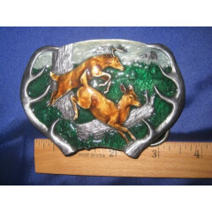 "Buck and Doe Jumping Over Log" Bergamot Buckle USA. Vintage. New 1977. Y-144. 