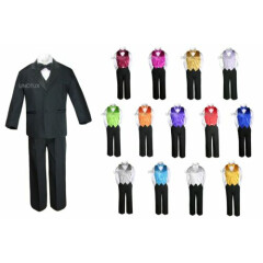 7pc Baby Kid Teen Boy Formal Black Suit Tuxedo + 14 Color Pick Vest Bow Tie S-20