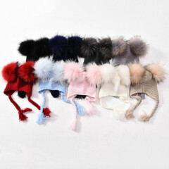 Girls Boys Knitted Hat Kids Real Fur Pom Pom Hat Baby Winter Crochet Earflap