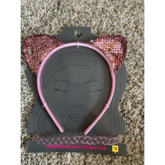 Girls Sequin Headband And Choker Set-pink