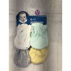 New Gerber 4 Pack Baby Scratch Mittens Gloves 0-3 Months Unisex Green Yello Gray