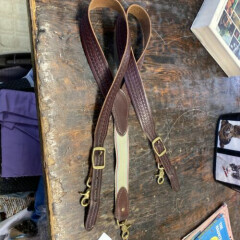 LEATHER SUSPENDERS BRACES BROWN & BRASS TOOLED BIKER HAND CRAFTED XLG