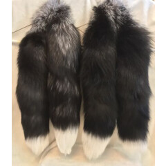 Canadian Natural Fox Tail Fur Mufflers Wrap, Black Gray White Tipped 48" Long