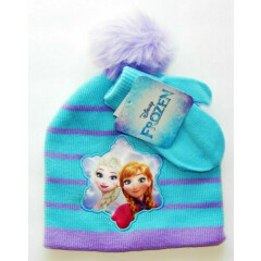 Disney Frozen Anna Elsa Knit Winter Beanie Hat & Mittens Set w/ Pom-Pom Toddler 