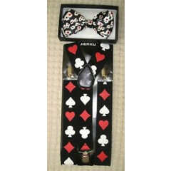 Poker Player Cards 4 Suite Adjustable Bow Tie and Poker 1 1/2" Suspenders-New!v5