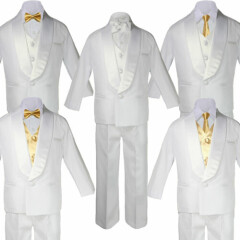 Baby Teen White Satin Shawl Lapel Suits Tuxedo MUSTARD Satin Bow Necktie Vest