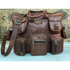 Vintage Leather Travel Holdall Weekend Duffel Luggage Bag Men's 18" 8 Pockets 