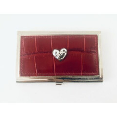 Vintage Red Leather Stainless Steel Business Card Holder Clasp Slim Design Heart