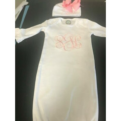 Monogrammed Personalized Baby Girl Gown and Cap with Bow or Headband