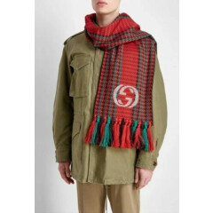 GUCCI red green houndstooth interlocking GG logo fringe wool scarf authentic NWT