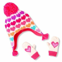 THE CHIILDREN'S PLACE GIRL 2PC HEARTS FLEECE LINED KNIT HAT MITTENS SET S/12-24M