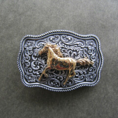 Western Flower Pattern Running Horse Metal Belt Buckle