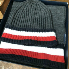 Nwt Tommy Hilfiger Hat And Scarf Set Mens One Size Beanie Red/White/Blue Gray