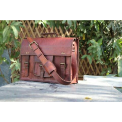 15" Men's Vintage Brown Leather Handbag Messenger Shoulder Laptop Bag Briefcase