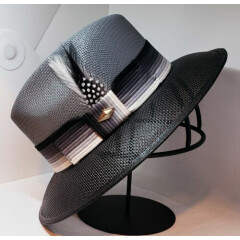 Mens Black Dark Gray Viejo Lowrider hat fedora ombre band Rooster feather