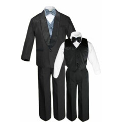 Boy Satin Shawl Lapel Suits Tuxedo EXTRA Dark Gray Bow Tie Vest Set Outfits S-18