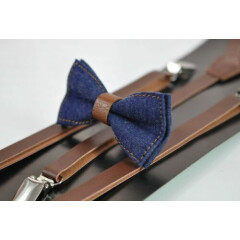 Boy Kids Navy Blue Denim Brown Faux Leather Bow tie + Brown Leather Suspenders
