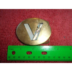 Vintage Brass Belt Buckle Letter V Initial Mother of Pear & Abalone Shell Oval 