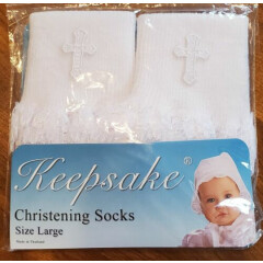 Infant Baptism Christening white embroidered Cross with lace socks (size large)