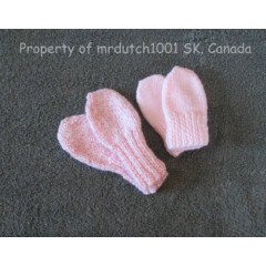 2 Pair Pink Hand Made Hand Knit Baby Thumbless Mittens