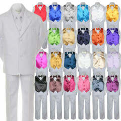 7pc Boy Baby Kid Teen Formal Wedding White Suit Tuxedo Extra Vest Bow Tie sz S-7