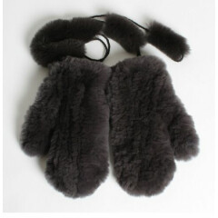 Real Dark Grey Rex Rabbit Fur Winter Warm Gloves Mittens With Hanging String
