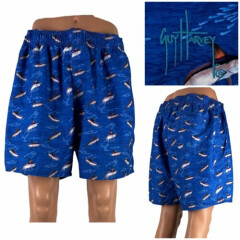 Guy Harvey Mens XL Swim Shorts Blue SwordFish Pockets Mesh Lined All Over EUC