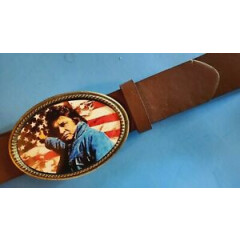 Johnny Cash Epoxy Belt Buckle USA FLAG & Brown Bonded Leather Belt - NEW!