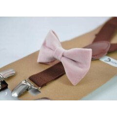 Blush Dusty Pink Velvet Bow tie + Brown Elastic Suspenders for Men / Youth / Boy