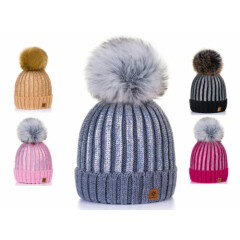 Kids Children Winter Beanie Hat Warm Knitted With Faux Large Pom Pon Rita