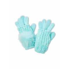 NWT Justice For Girls Aqua Collared Pompom 2 in 1 Knit Gloves 