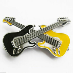 Black/Yellow Crossed Guitars Country Rock & Roll Music Metal Fashion Belt Buckle