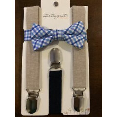NEW Starting Out Baby Toddler Boy Bowtie SuspendersBlue Plaid Wedding 