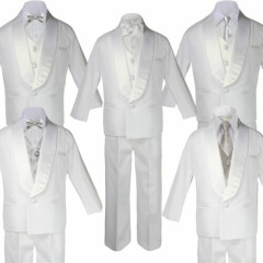 Baby Teen White Satin Shawl Lapel Suits Tuxedo SILVER Satin Bow Necktie Vest