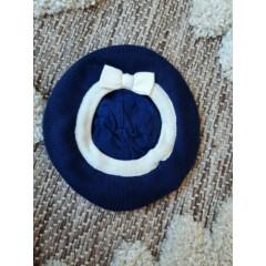 Janie And Jack Infant Baby Girl Knit Beret Hat Sz 12 To 24 Months Blue White Bow