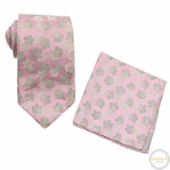 Condotti Pink Grey 100% Silk Floral Self-Tipped 7-Fold Tie + Pocket Square Set