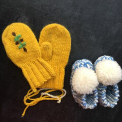Handmade Vintage Knit Yellow Mittens and Blue Pom Booties Slippers