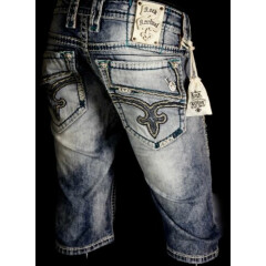 $220 Mens Rock Revival Jeans "Destin" Teal Stitch Leather Inserts Shorts 34
