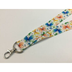 White with Pretty Blue and Orange Butterflies ID Lanyard with Lobster Claw Clasp