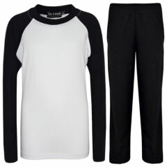 Kids Girls Boys Pyjamas Designer Plain Black Contrast Sleeves Nightwear PJS 2-13