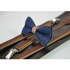 Boy Kids Navy Blue Denim Caramel Faux Leather Bow tie + Brown Leather Suspenders