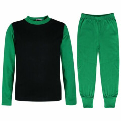 Kids Girls Boys Pjs Contrast Green Color Plain Stylish Pyjamas Set Age 2-13 Yrs