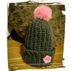New Handmade Slate Grey & Pink Newborn Or Premature Baby Crochet Pompom Hat