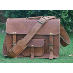 Vintage Goat Leather messenger Real satchel bag genuine Laptop brown briefcase 