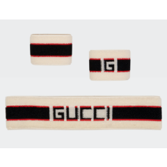 NWT Gucci Logo Stripe Web Stretch Sweatband Headband Wristband Cuff Set w/ Box
