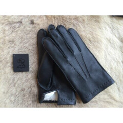 Men's Black Winter Leather Gloves with rabbit fur lining deerskin 