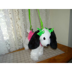 Poochie & Co. White Puppy Dog black ears with Pink Sequin Purse Bag Green handle