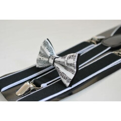Sheet Music Notes Bow tie + Black White Suspenders for Men / Youth / Boy / Baby
