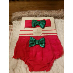 Baby Essentials Headband and Diaper Cover Red Ruffle Green Sequin Bow Christmas